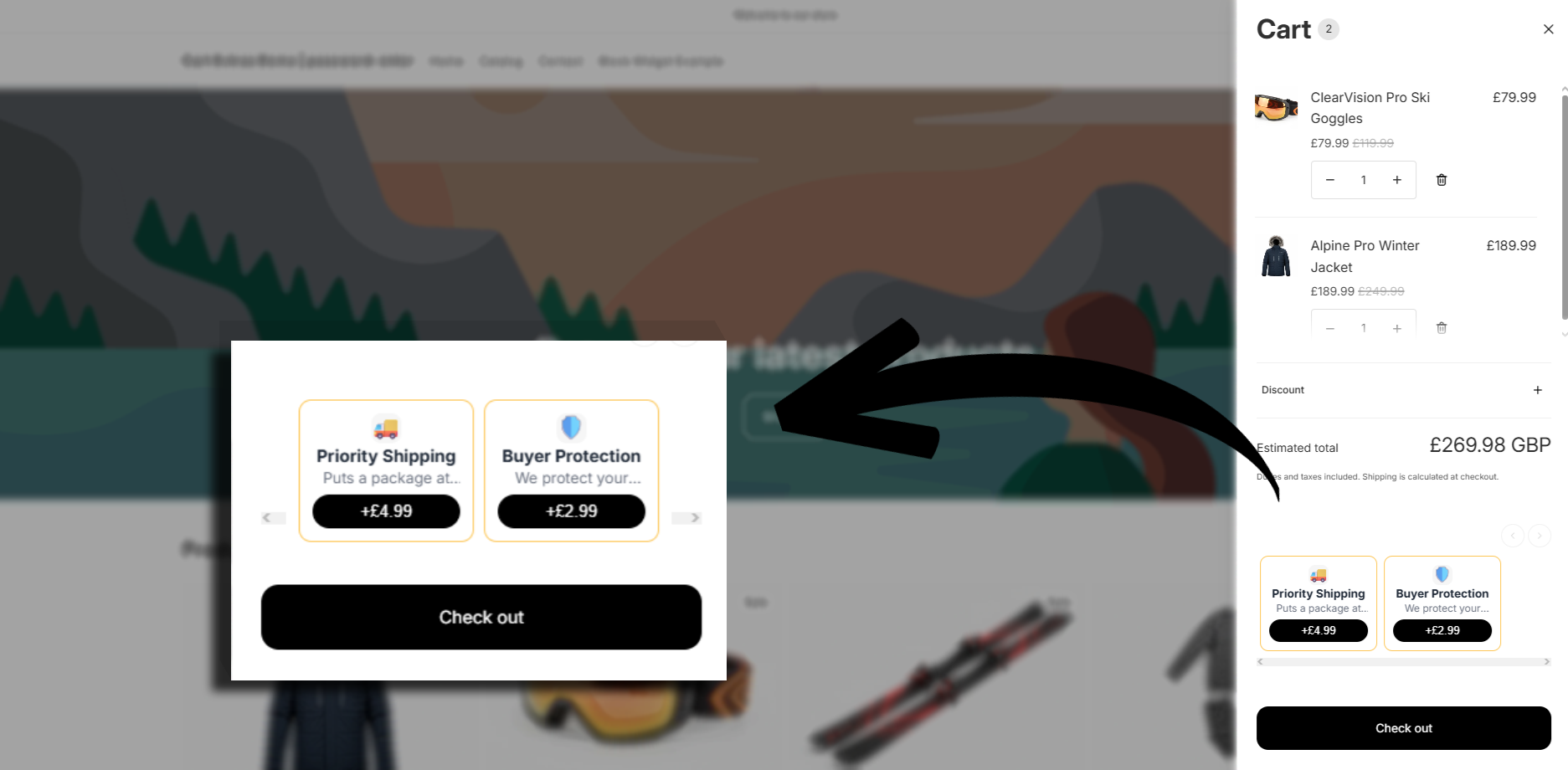 Kraft cart add-ons showing in a Shopify cart